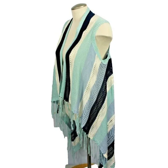 Open Front Sweater Vest Womens M Blue Boho Hippy Crochet Fringe Tassel Hi Lo Hem - Picture 5 of 5